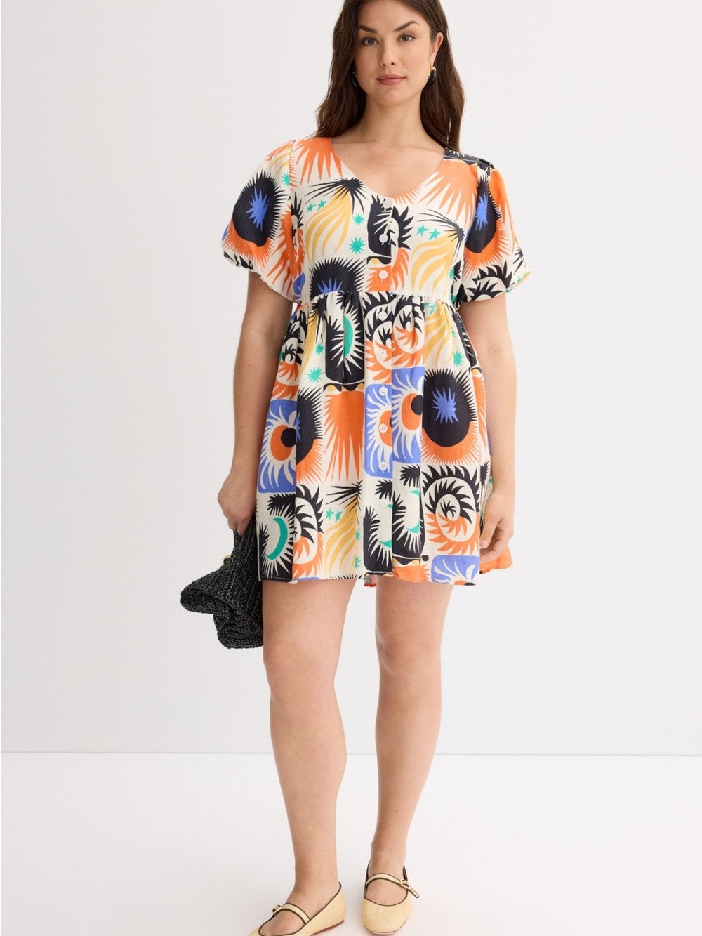 Vibrant Abstract Print Mini Dress in Orange & Blue